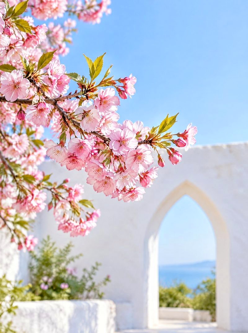 Cherry blossom over a white arch with the sea beyond