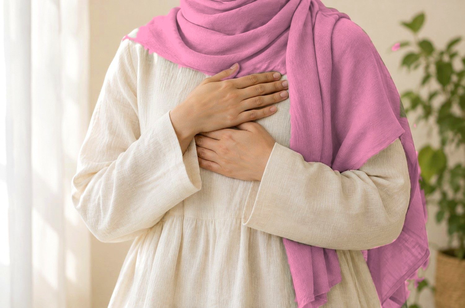 A woman with her hands resting on her heart