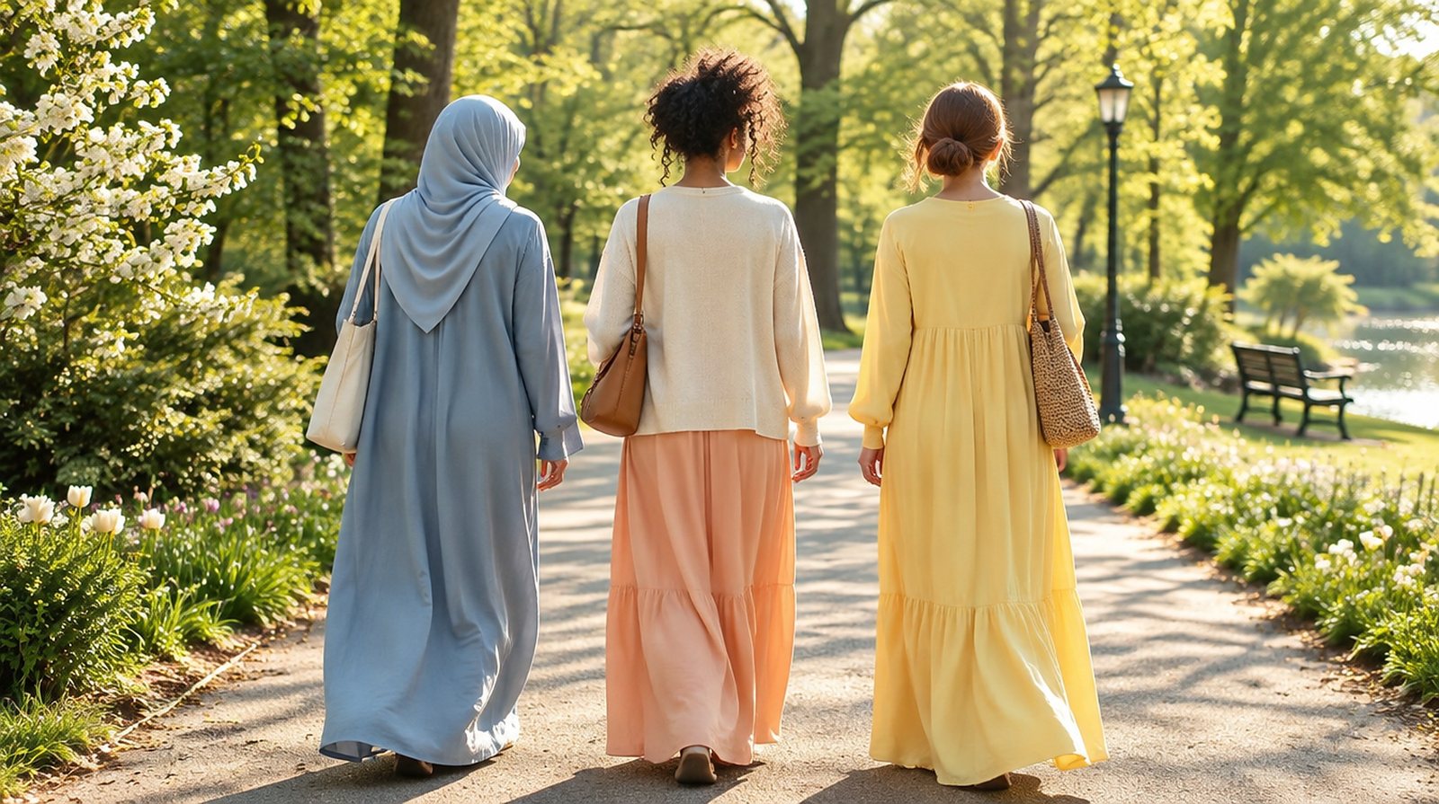 Three women in long, loose dresses walking together through a spring park, seen from behind