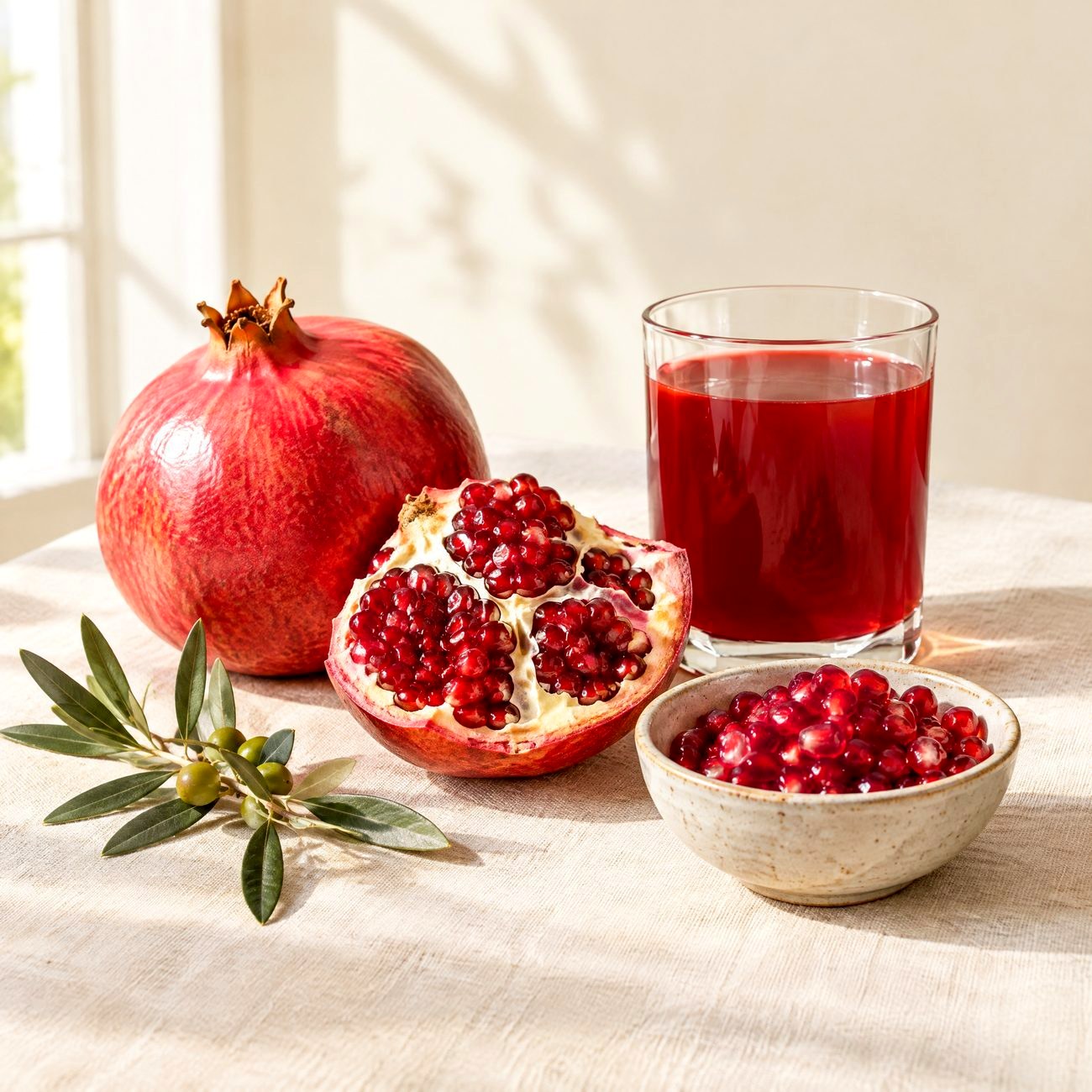 Pomegranates and a glass of pomegranate juice on a linen table