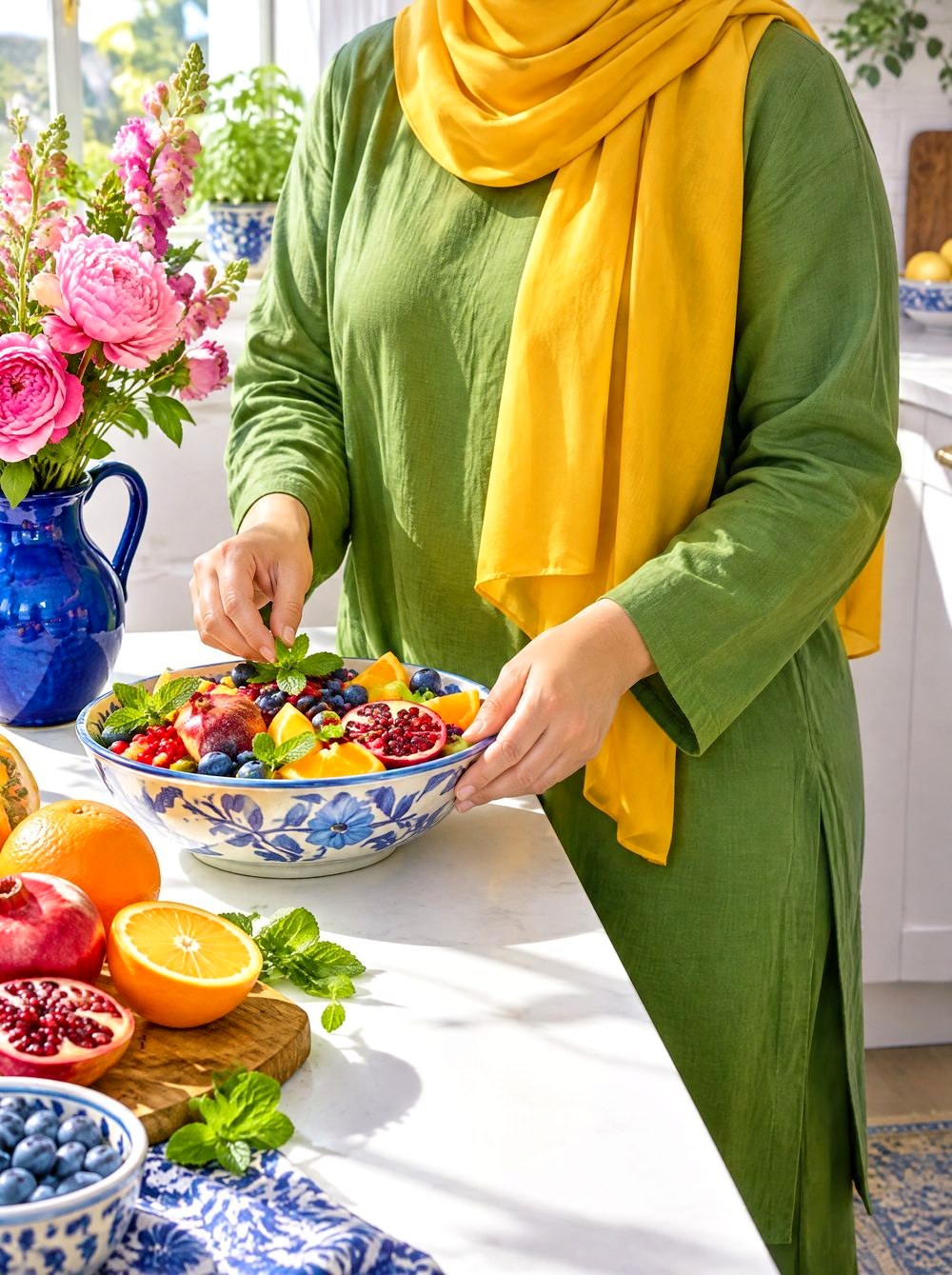 A woman preparing a bowl of fresh fruit