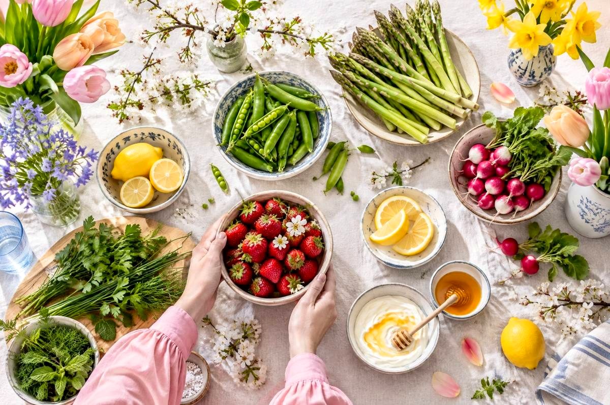 A spring table of fresh fruit, greens and blossom