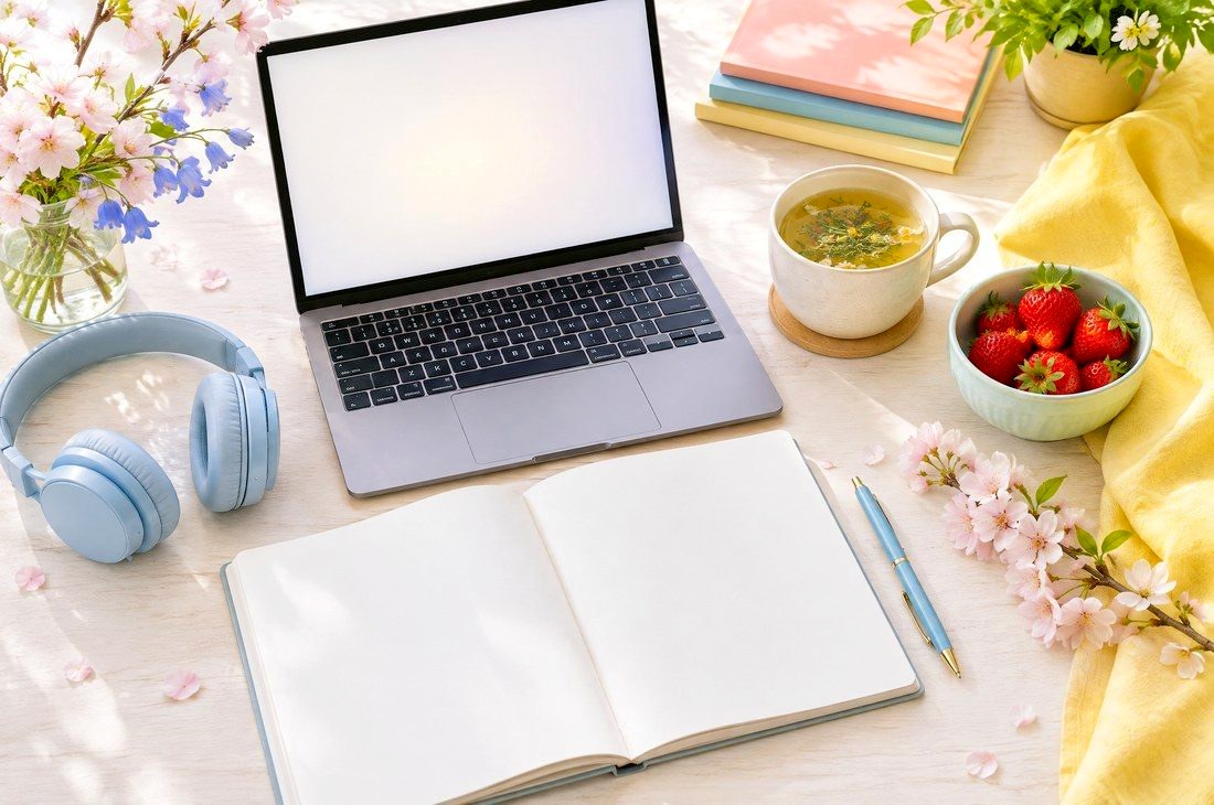 A notebook, laptop and herbal tea on a sunny desk
