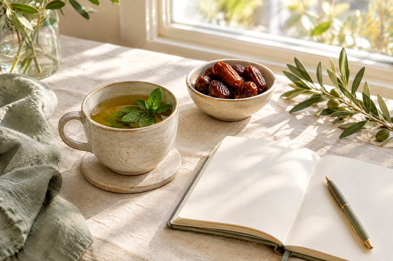 Mint tea, dates and an open journal in soft morning light